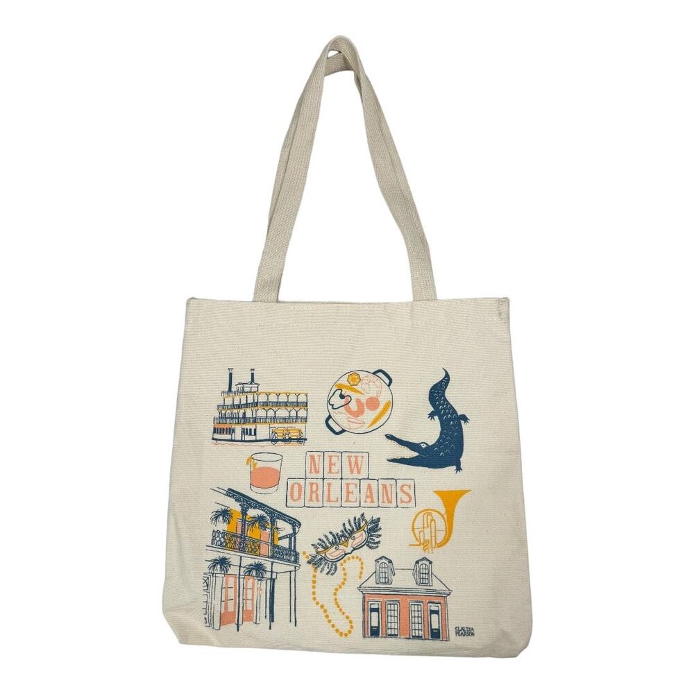 Claudia Pearson New Orleans Graphic Print Tote Bag Cream Cotton Mardi Gras Gator